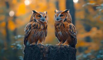 Two owls sitting on a log in a forest. The owls are looking at the camera photo