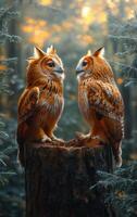 Two owls are sitting on a log in a forest. The owls are looking at the camera photo