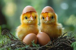 Two baby chicks are sitting on a nest with three eggs. The chicks are looking at the camera and seem to be curious about the eggs photo