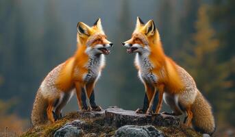 Two foxes are standing on a log, looking at the camera. The image has a peaceful and serene mood, as the foxes seem to be enjoying their time on the log photo