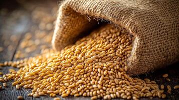 A bag of grain is sitting on a wooden table. The grain is brown and he is wheat photo