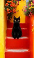 A black cat sits on a red staircase. The cat is looking up at the camera. The staircase is surrounded by colorful flowers photo