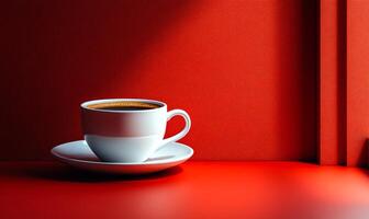 A white coffee cup sits on a red table. The red background and the white cup create a contrast that makes the cup stand out photo