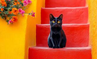 A black cat sits on a red staircase. The cat is looking up at the camera. The staircase is surrounded by a colorful wall, which adds a vibrant touch to the scene photo