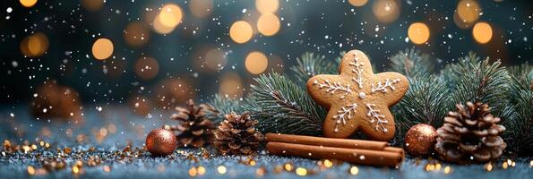 A star shaped cookie with a snowflake on top sits on a table with pine cones and cinnamon sticks photo