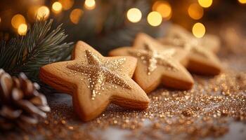 Three star cookies with glitter on them are on a table. The cookies are surrounded by pine cones and are placed on a table with a white background photo