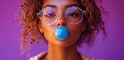 A woman with curly hair is blowing bubbles with a blue bubblegum. The image has a fun and playful mood, as the woman is enjoying a simple and lighthearted activity photo