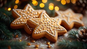 Three star cookies with white icing on top. The cookies are sitting on a wooden table with pine needles in the background photo