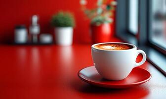 A white coffee cup with a red plate sits on a red table. The coffee is hot and has a foam top. The scene is simple and cozy, with a plant in the background and a small vase on the table photo