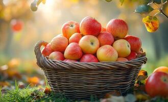 A basket full of apples is sitting on the grass. The apples are red and green, and they are wet from the rain. The basket is overflowing with apples, and there are many of them in it photo