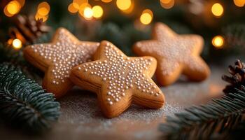 Three star cookies with white icing on a table with pine needles in the background photo