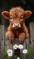 A baby cow is standing in front of a wooden fence with a bunch of daisies in the background photo