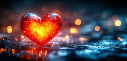 A heart is lit up with fire and is floating on water. The image has a romantic and dreamy mood photo