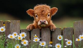 A baby cow is standing in front of a wooden fence with a field of flowers behind it. The cow appears to be curious and is looking at the camera photo