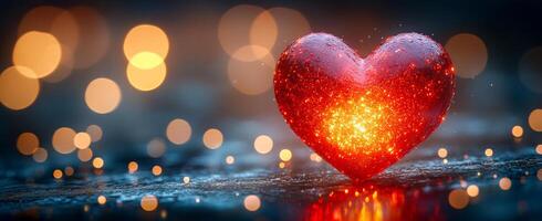 A heart with a red glow is on a dark background. The heart is surrounded by a blurry background, which gives the image a dreamy and romantic feel photo