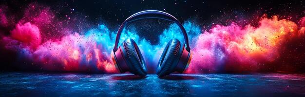 A pair of headphones is displayed in front of a colorful background. The headphones are positioned in a way that they appear to be listening to the music in the background photo