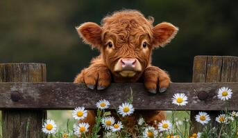 A baby cow is standing in front of a wooden fence with flowers in the background. The cow appears to be curious and is looking at the camera photo