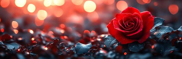 A red rose is the main focus of this image, which is set against a backdrop of dark, blurry colors. The rose appears to be surrounded by a lot of debris, giving the impression of a chaotic photo