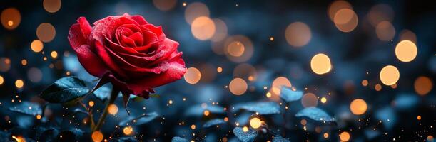 A red rose is the main focus of the image, surrounded by a blurry background. The rose appears to be in a field, with the sky in the background. The image has a dreamy, romantic feel to it photo