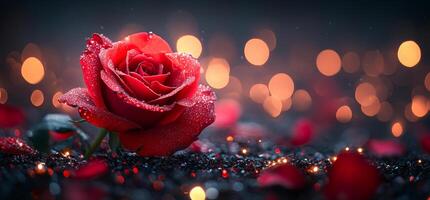 A red rose is the main focus of the image, with a black background and a few red petals scattered around it. Concept of romance and love, as the rose is often associated with these emotions photo