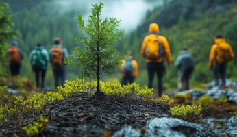 A group of people are walking through a forest and one of them is holding a small tree. Scene is peaceful and serene, as the group of people are surrounded by nature and the tree adds a sense of life photo