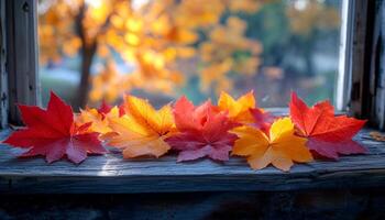 A window sill with a view of trees and leaves. The leaves are red and yellow photo