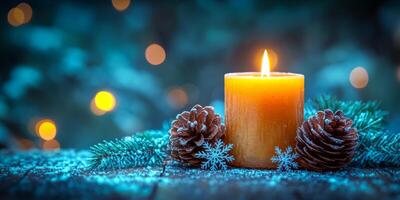 A candle is lit on a table with pine cones and snowflakes. The scene is warm and cozy, with the candle providing a soft glow that illuminates the pine cones and snowflakes photo
