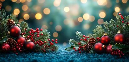 A Christmas tree with red and green decorations. The tree is surrounded by a blue background. Scene is festive and joyful photo