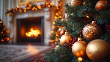 A Christmas tree with gold ornaments and red berries. The tree is surrounded by a fireplace, creating a cozy and festive atmosphere photo