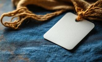 A white tag is sitting on a blue cloth. The tag is empty and has a brown string attached to it photo