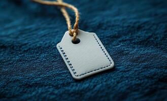 A tag is hanging from a string on a blue surface. The tag is white and has a hole in the center photo