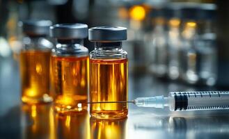 Three bottles of medicine with a syringe in between. The syringe is being used to inject the medicine into the bottle photo
