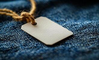 A tag is hanging from a string on a blue fabric. The tag is white and has a hole in the center photo