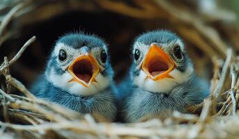 Two baby birds are in a nest, one of them is looking at the camera. The other bird is looking away photo