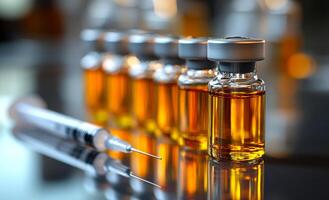 A row of vials of medicine sit on a table next to a syringe. The vials are all different sizes and colors, and the syringe is silver and black. Concept of medical care and attention to detail photo