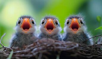Three baby birds are sitting in a nest and making loud noises. Scene is playful and joyful, as the birds seem to be having fun and enjoying each other's company photo
