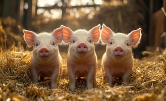 Three pigs are standing in a field of hay. They are all white and have pink noses. The scene is peaceful and calm, with the pigs looking at the camera photo