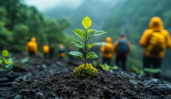 A group of people are walking through a forest with a small plant in the foreground. Scene is peaceful and serene, as the group of people are surrounded by nature and the plant is a symbol of growth photo