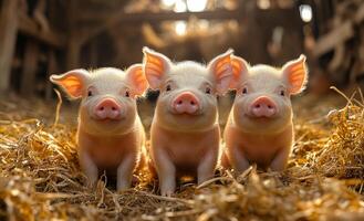 Three baby pigs are standing in a field of straw. They are all looking at the camera and seem to be curious photo