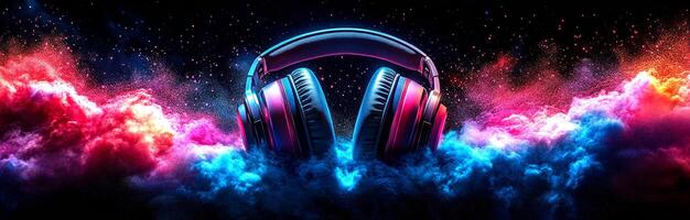 A pair of headphones is shown in a colorful background. The headphones are surrounded by a cloud of colorful smoke, giving the impression of a futuristic, psychedelic atmosphere photo