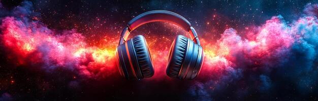 A pair of headphones is suspended in space, surrounded by a colorful galaxy. The headphones are positioned in the center of the image, with the galaxy extending outwards in all directions photo