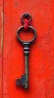 A key is hanging from a red door. The key is old and rusty. The red door is worn and has a lot of scratches photo