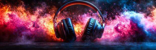 A pair of headphones is placed on a colorful background with a lot of smoke. The headphones are positioned in a way that they appear to be listening to something, possibly music photo