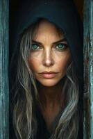 A woman with long hair and green eyes is looking out of a window. The image has a moody and mysterious feel to it, as the woman's gaze is directed outwards, seemingly lost in thought photo