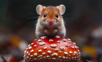 A small brown mouse is sitting on top of a red mushroom. The mushroom is covered in small, white dots photo