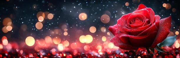 A red rose is the main focus of this image, which is set against a backdrop of sparkling lights. Concept of romance and beauty, as the rose is the center of attention and the lights create a dreamy photo