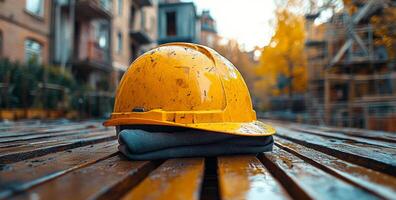 A yellow hard hat is sitting on a wooden surface. The hat is dirty and wet, suggesting that it has been in use recently. Concept of work or construction photo