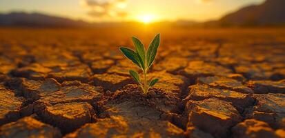 A small plant is growing in the desert. The sun is setting in the background, casting a warm glow over the landscape. Concept of resilience and hope photo