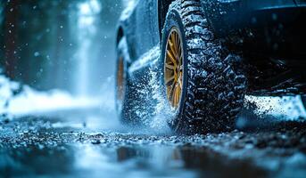 A car is driving through a snowy road with its tires splashing water. Concept of adventure and excitement, as the car navigates through the challenging conditions photo