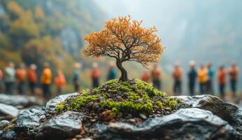 A small tree is planted on a rock in a forest. The tree is surrounded by a group of people, some of whom are carrying backpacks. Concept of adventure and exploration photo
